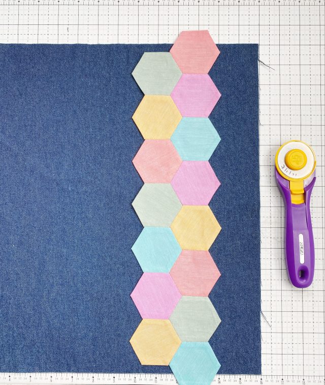 English Paper Piecing Hexagons:Attach hexagon to the denim fabric