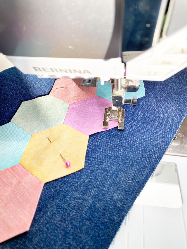English Paper Piecing Hexagons: Attach hexagon to the denim fabric